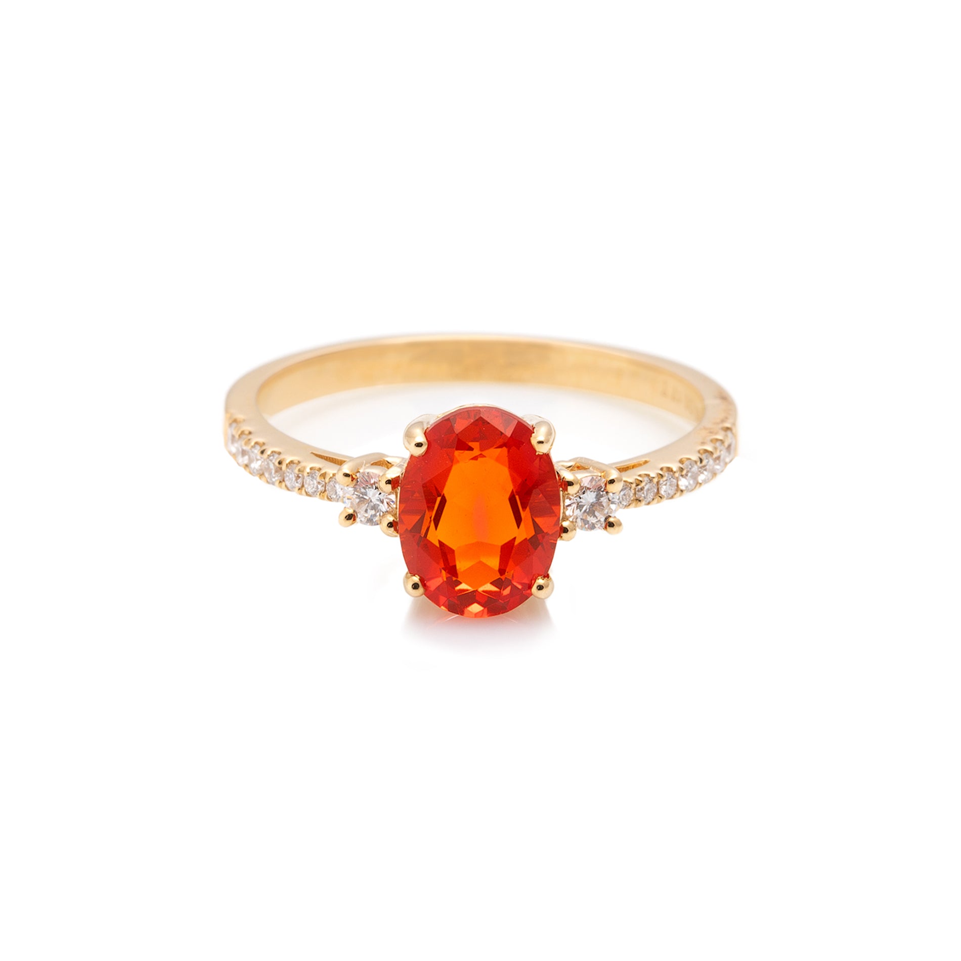 14 karaat geelgouden ring met vuuropaal en diamant