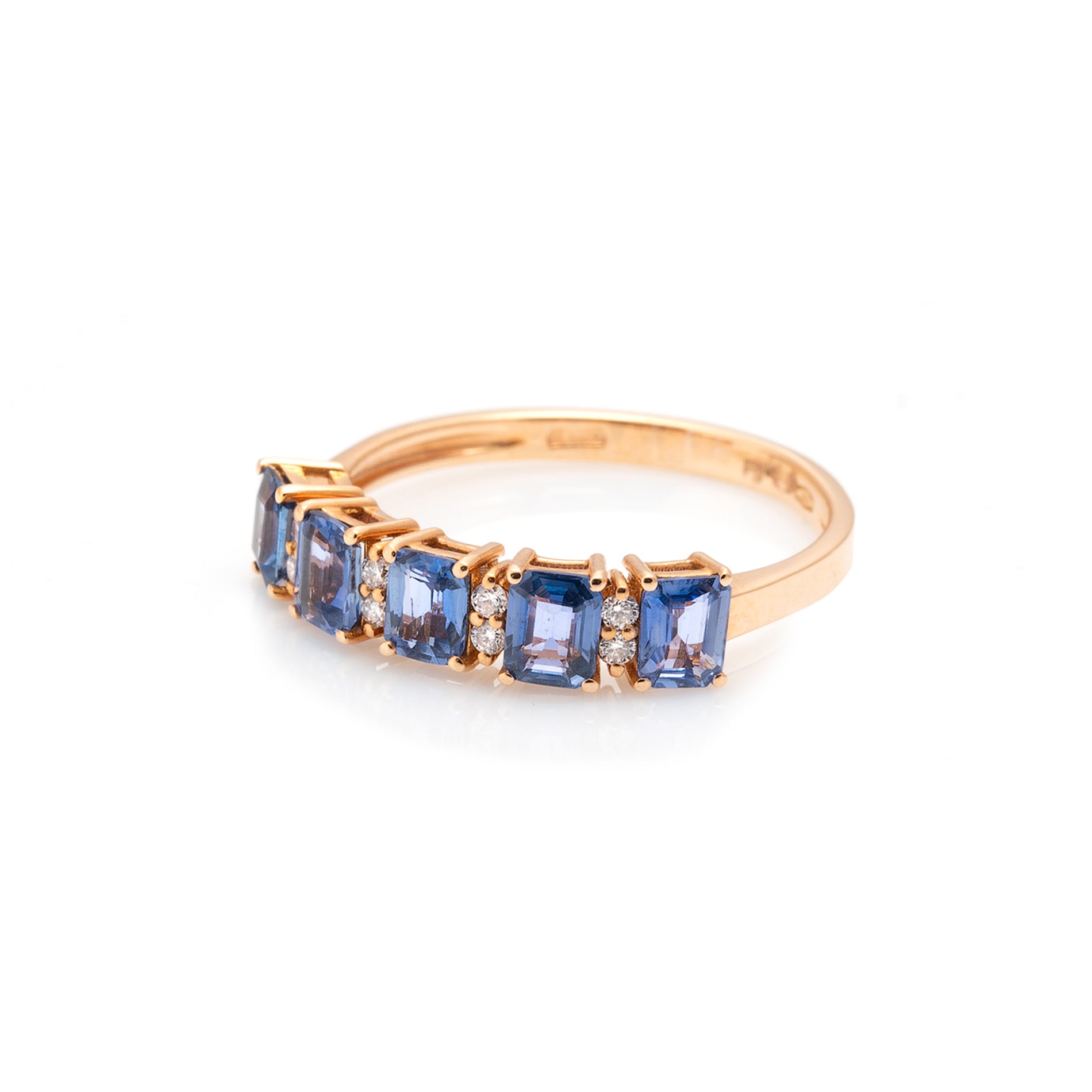 18 karaat roségouden ring met blauwe saffier en diamant