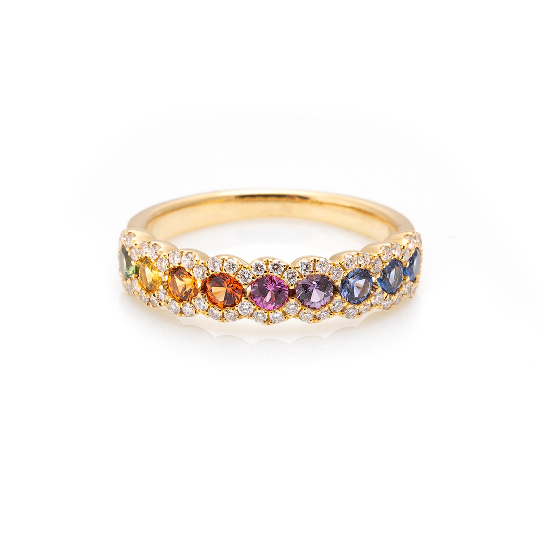 18 karaat geelgouden regenboog ring met saffier en diamant