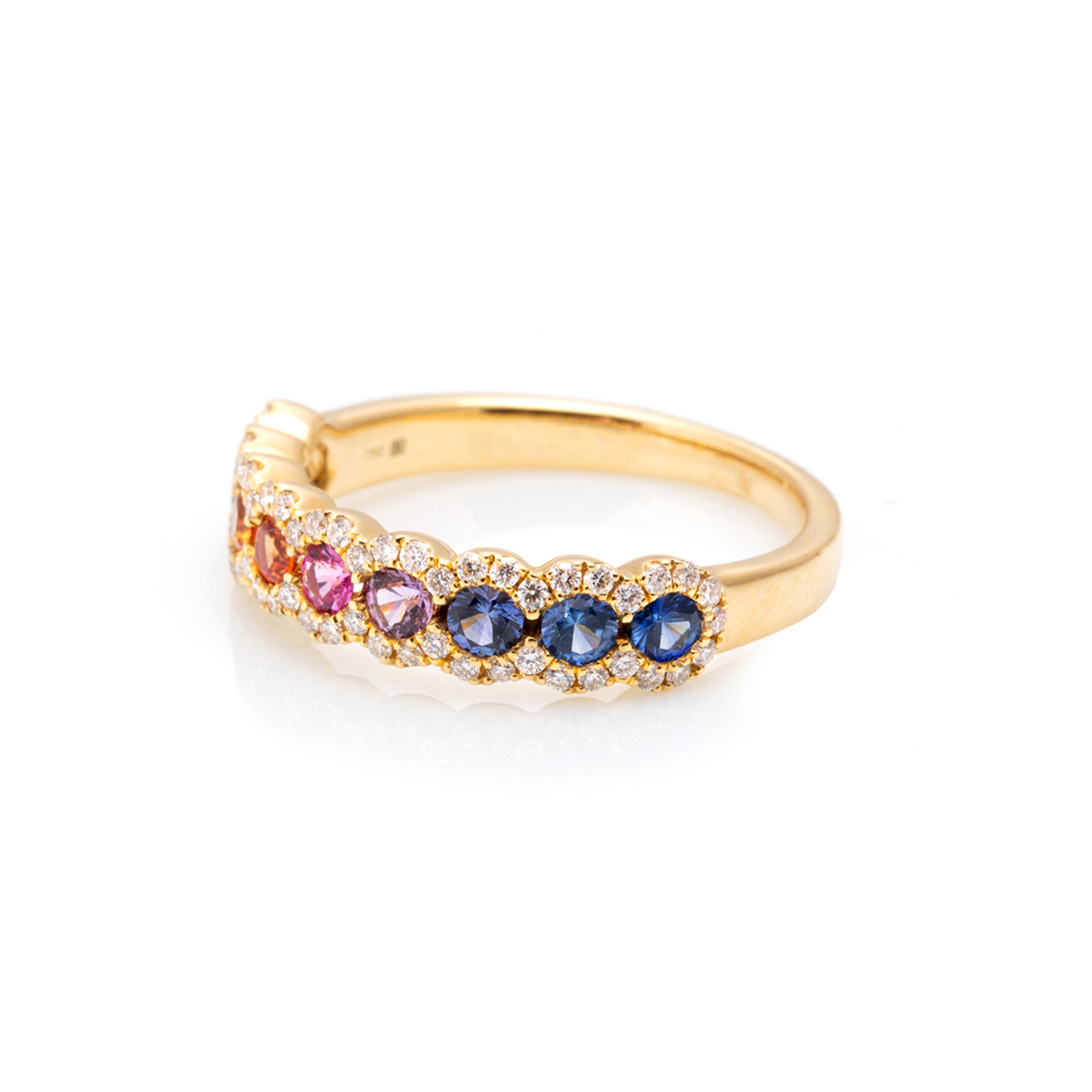 18 karaat geelgouden regenboog ring met saffier en diamant
