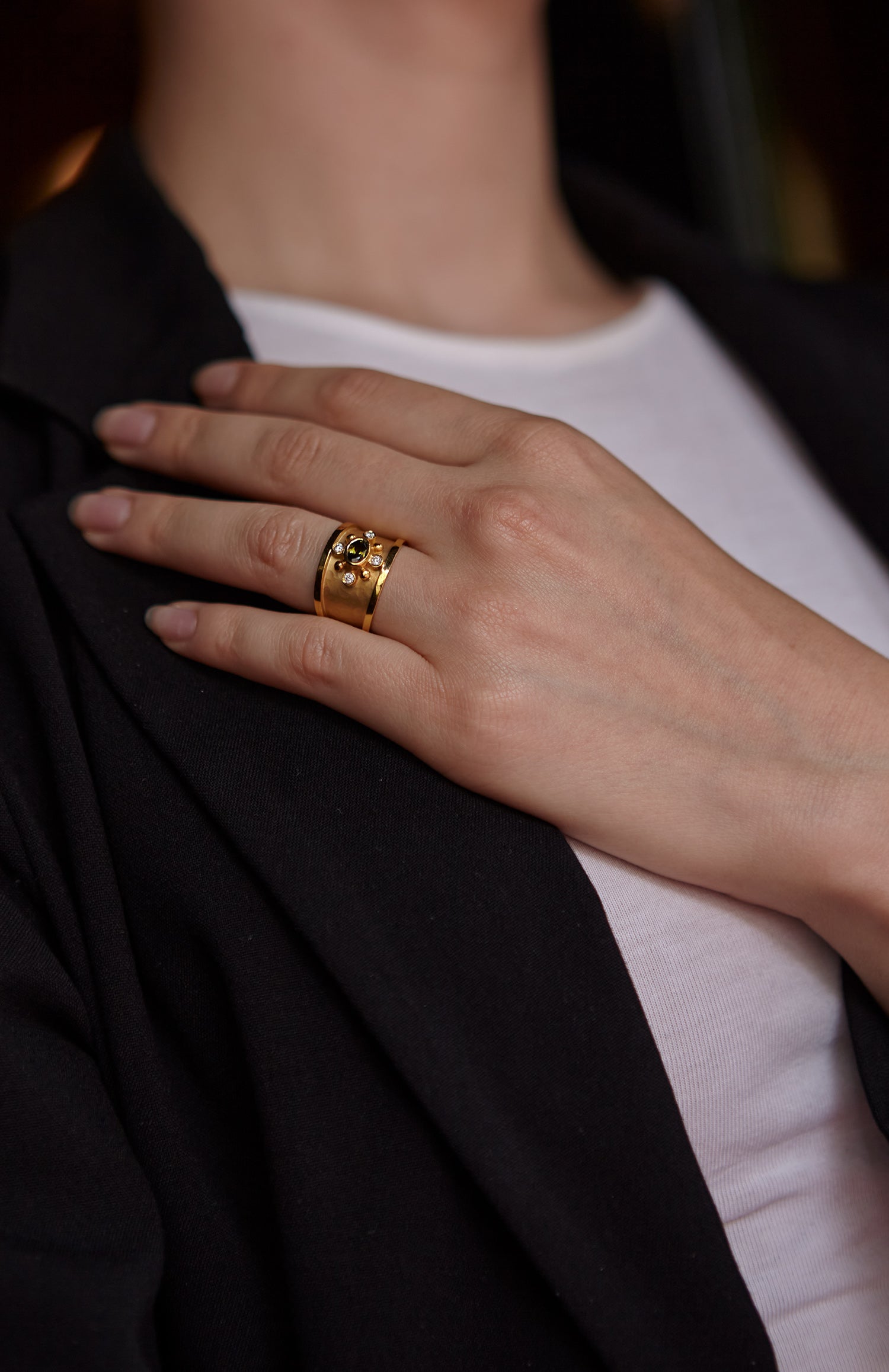 Geelgouden ring met diamant en toermalijn