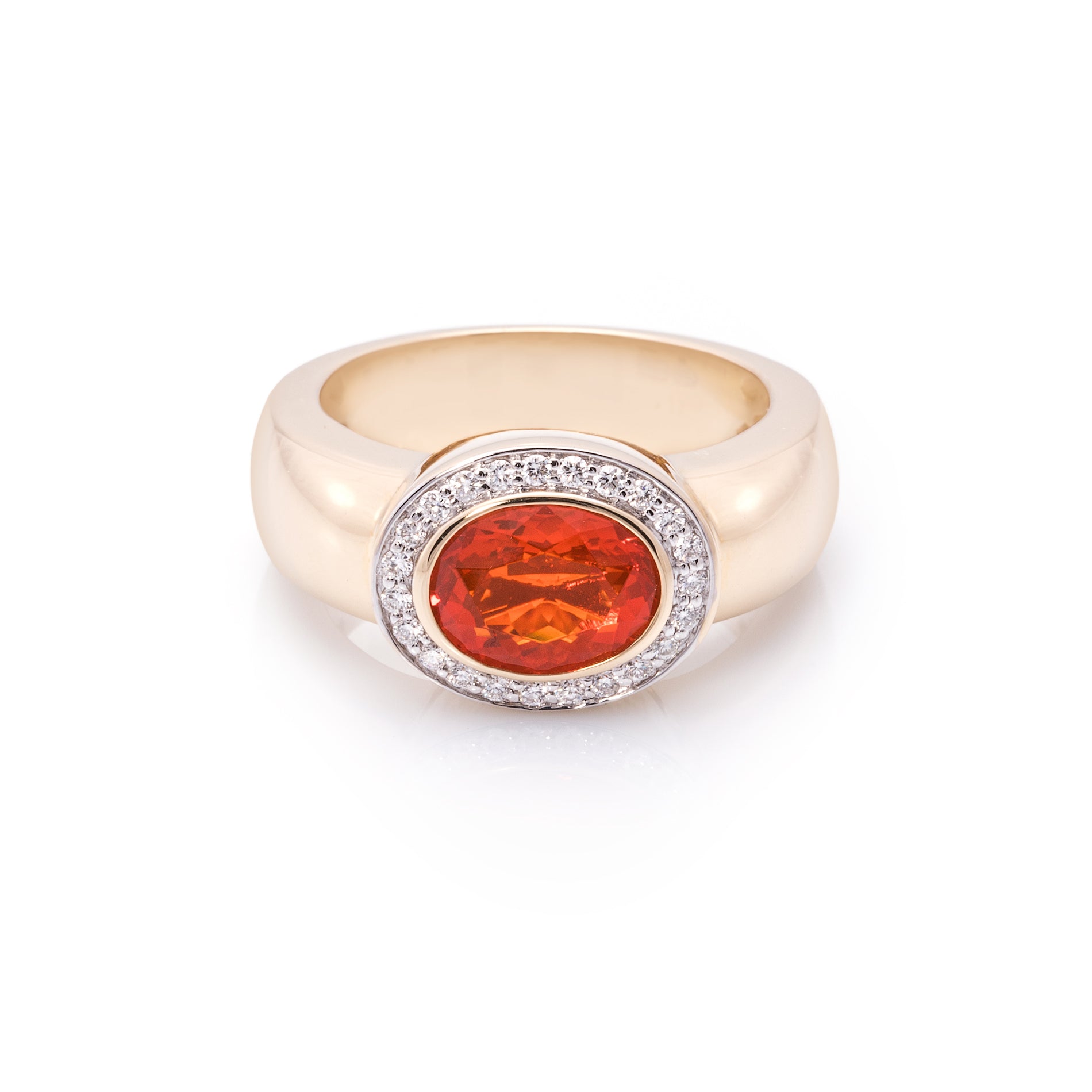 14 Karaat geelgouden ring met vuuropaal en diamant
