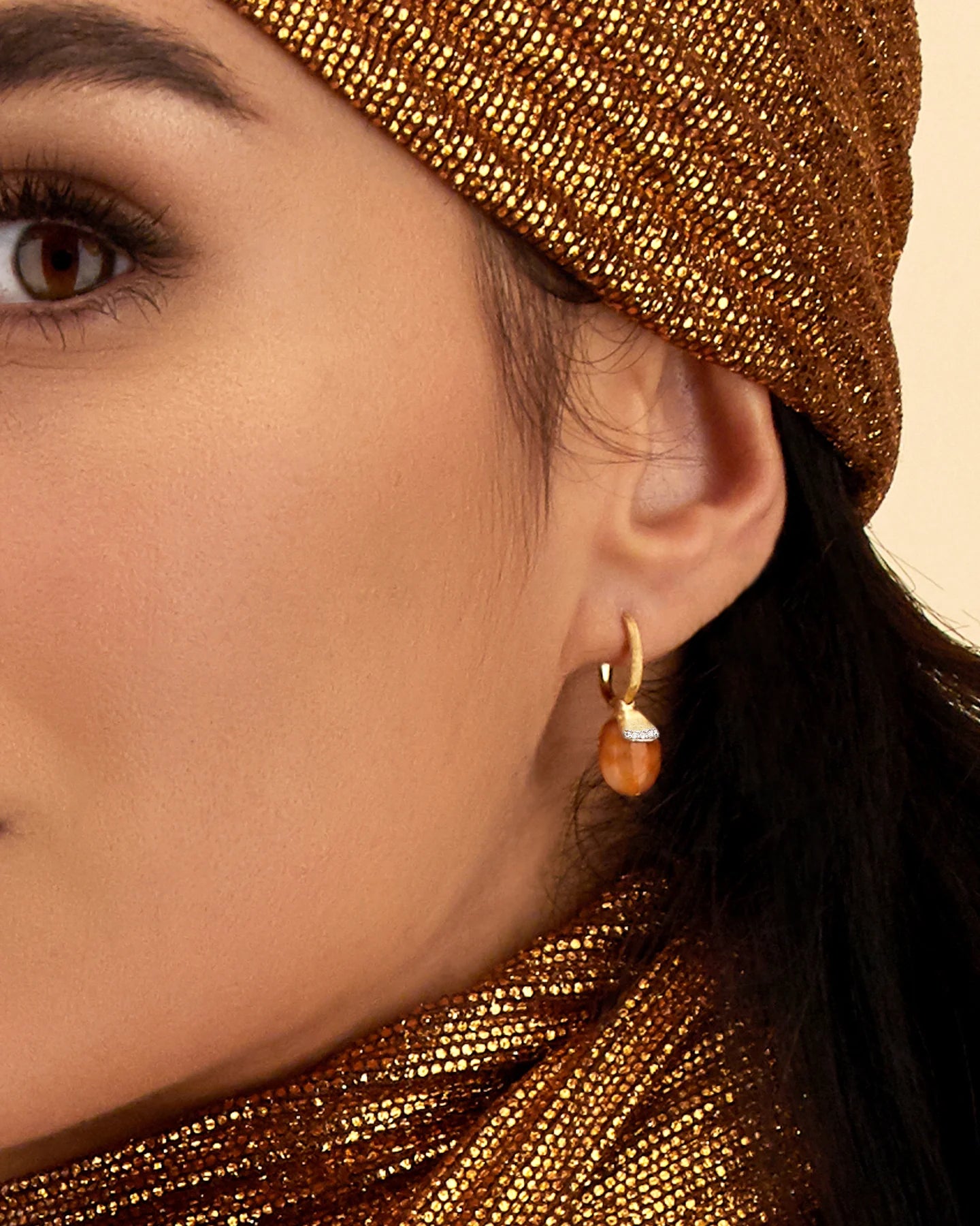 Yellow gold ear jewelry with aventurine and diamond ''Petra, small''