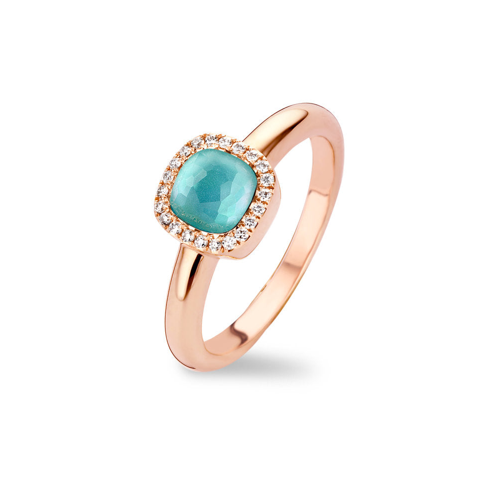 Roségouden ring met diamant, turkoois, parelmoer en bergkristal.