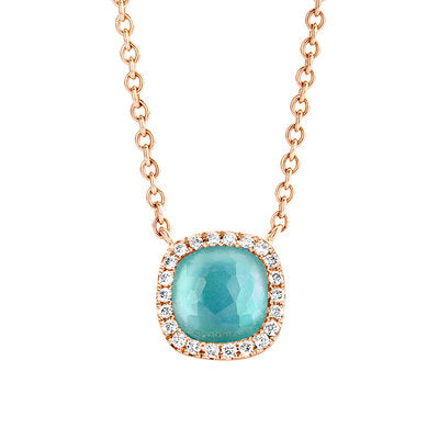 Roségouden collier met diamant, topaas, parelmoer en berkristal.