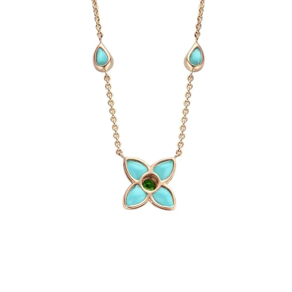 Rosegouden collier met turquoise, diamant en tsavoriet