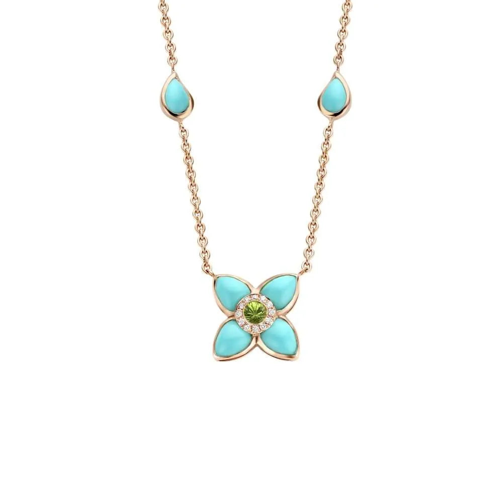 Rosegouden collier met turquoise, diamant en tsavoriet