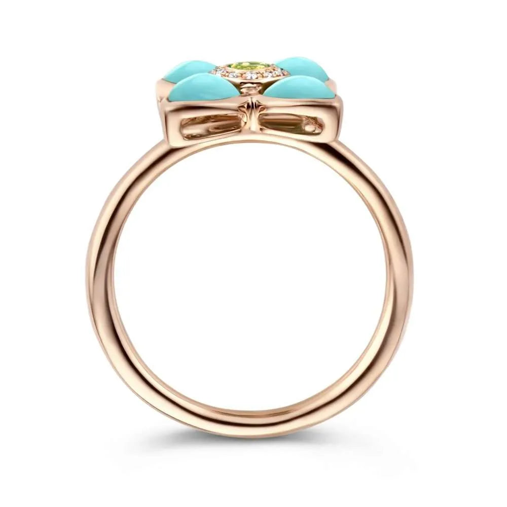 Roségouden ring met turquoise, diamant en tsavoriet
