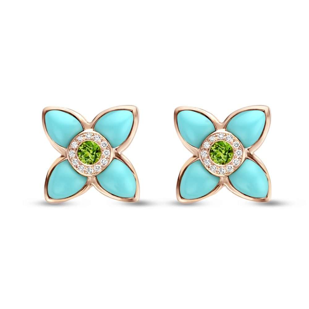 Roségouden oorhangers met turquoise, tsavoriet en briljant geslepen diamant