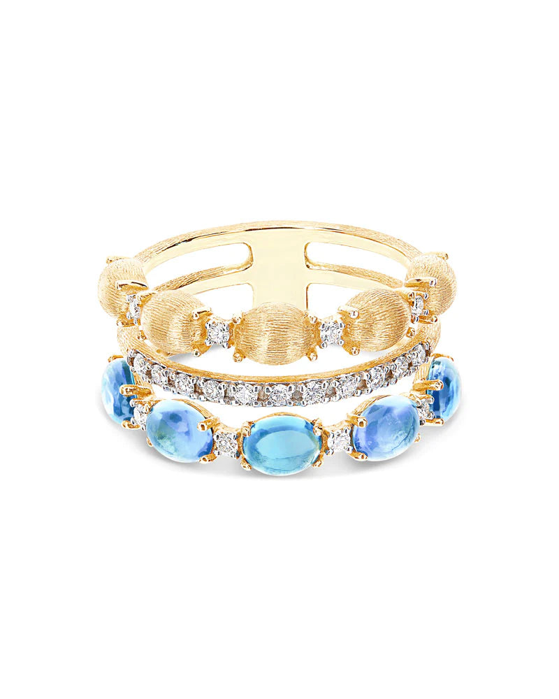 Geelgouden drie baans ring met london blue topaas en diamant ''Azure''