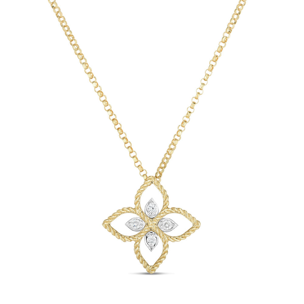 Geelgouden ajour bewerkt collier met diamant ''Princess Flower''