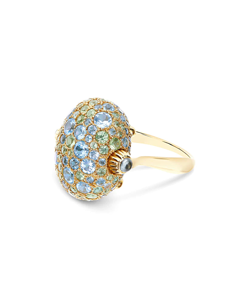 Geelgouden ring met london blue topaas, groene saffier, parelmoer