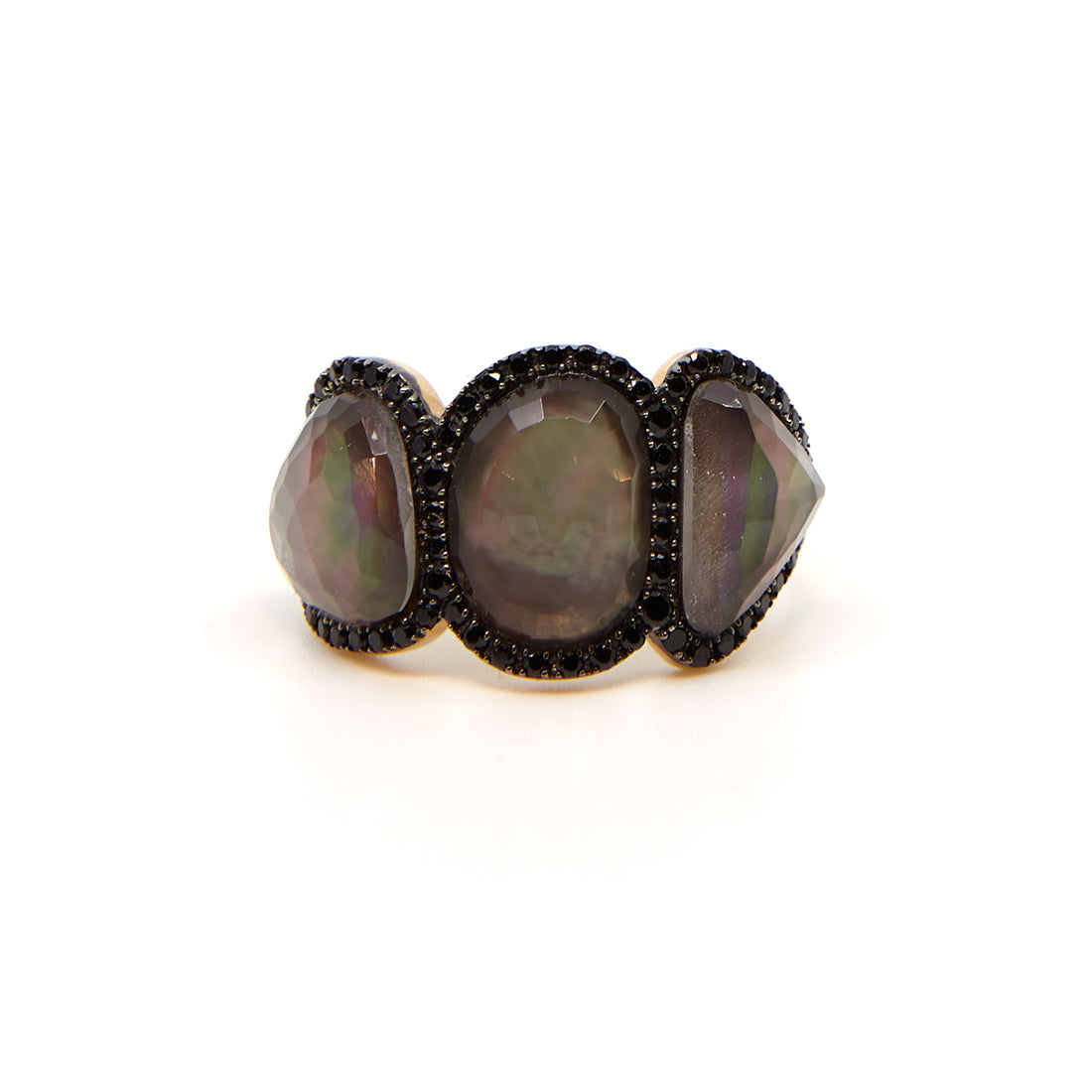 Roségouden ring met parelmoer en zwarte spinel