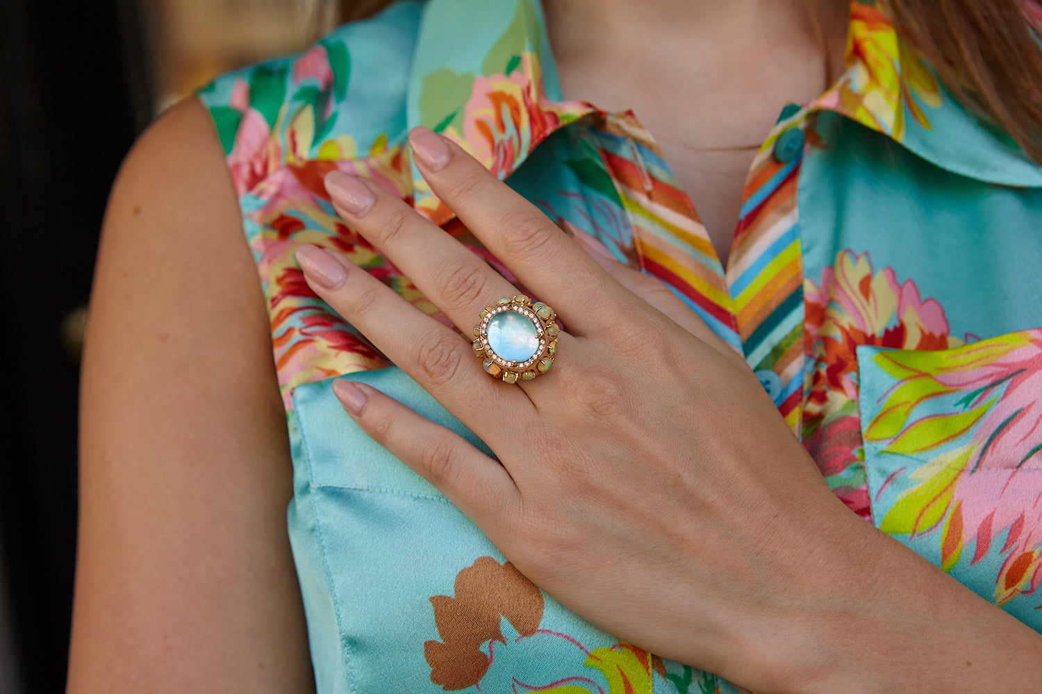 Rose gold ring with an Ethiopian opal, mother of pearl, diamond and turquoise