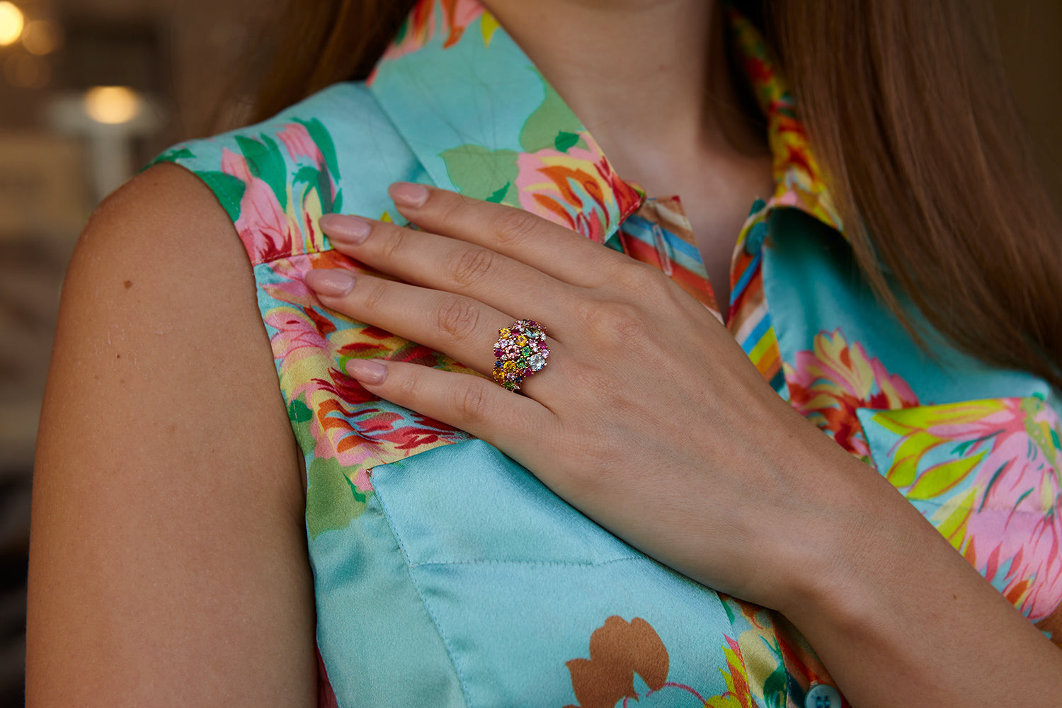 Rose gold ring with aquamarine, tsavorite, sapphire and diamond