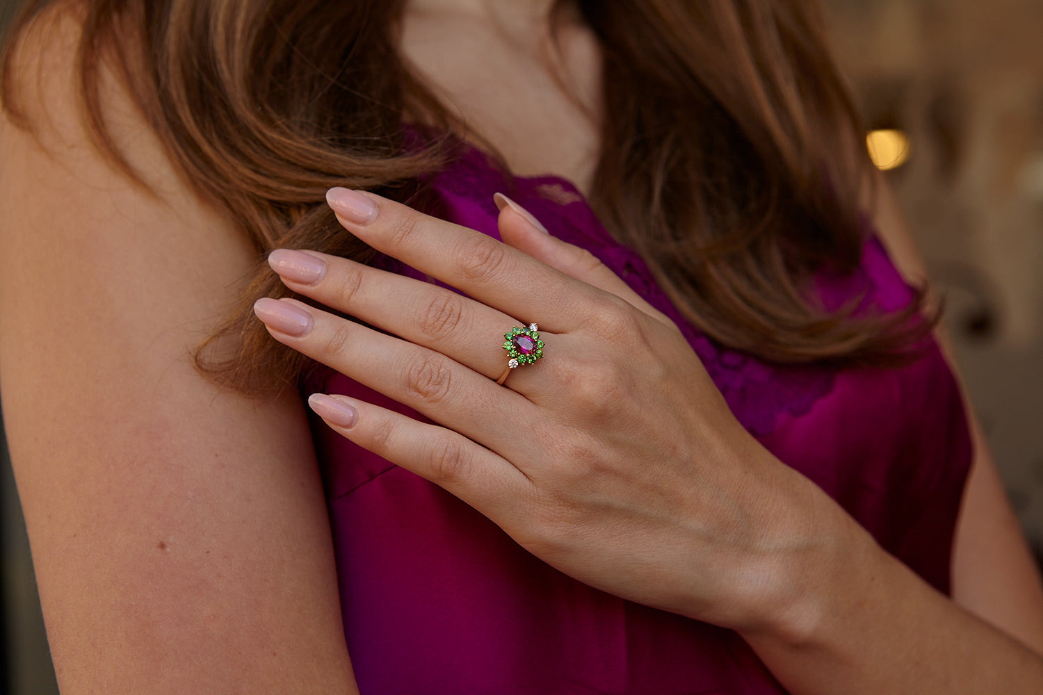 Rose gold ring with rubelite, tsavorite and diamond