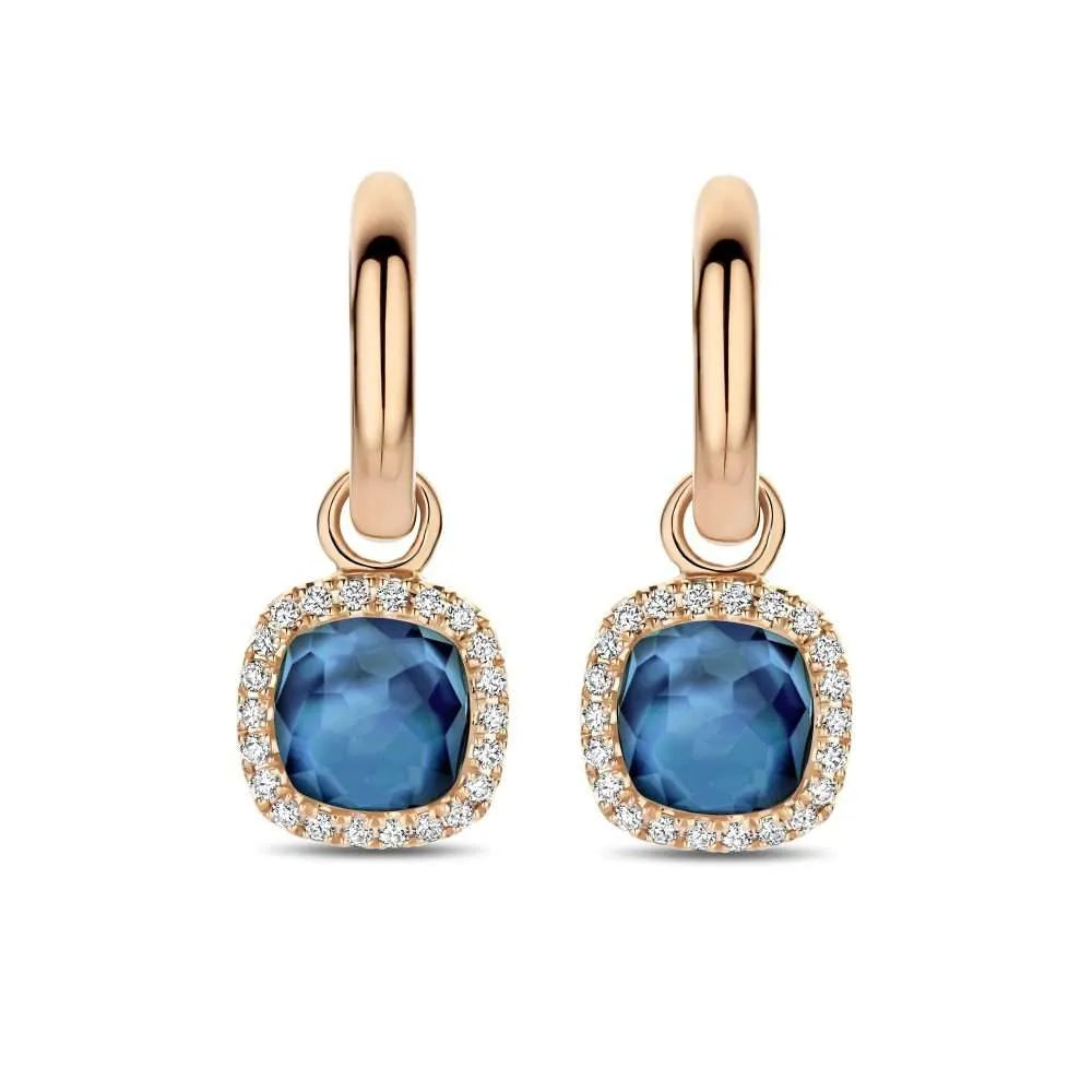 Rosegouden oorhangers met diamant, London blue topaas en parelmoer