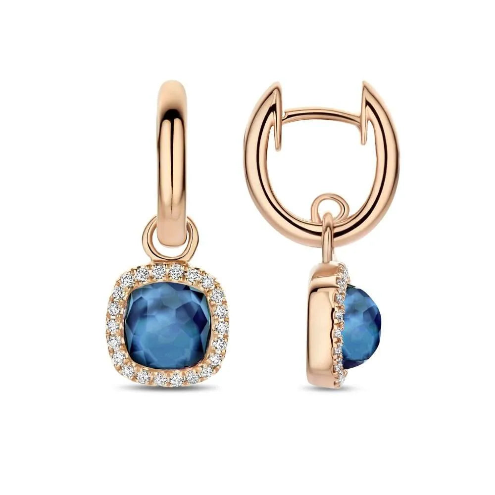 Rosegouden oorhangers met diamant, London blue topaas en parelmoer