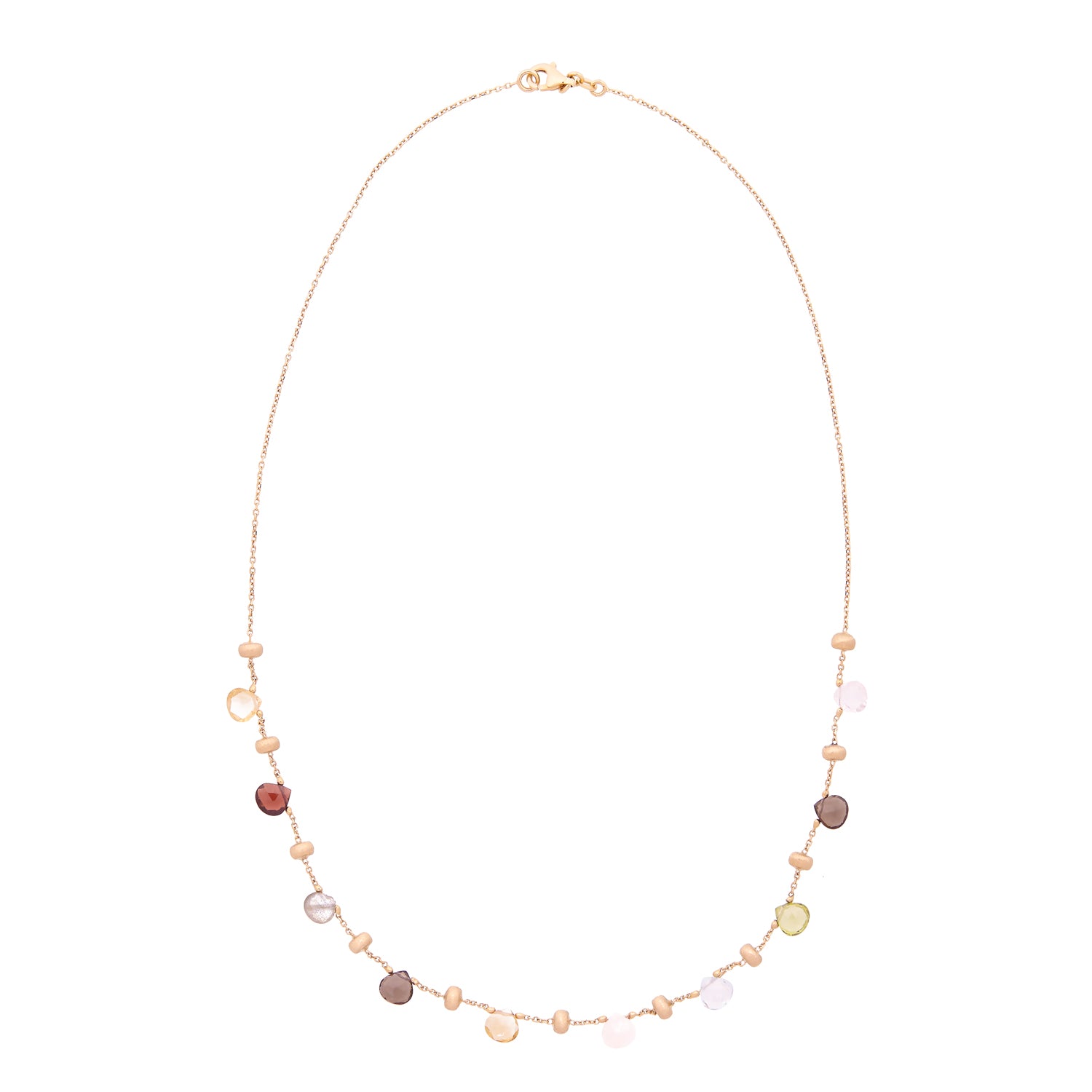 14 karaat geelgouden collier met diverse druppelvormige kleurstenen