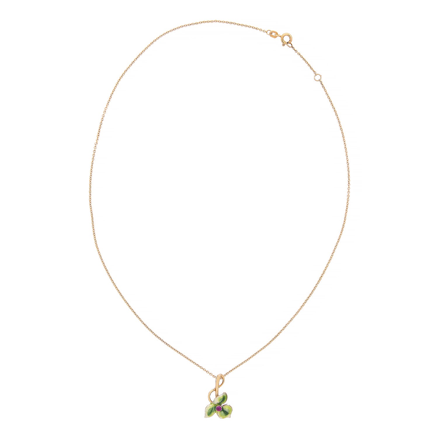 Geelgouden collier met hanger van emaille en robijn