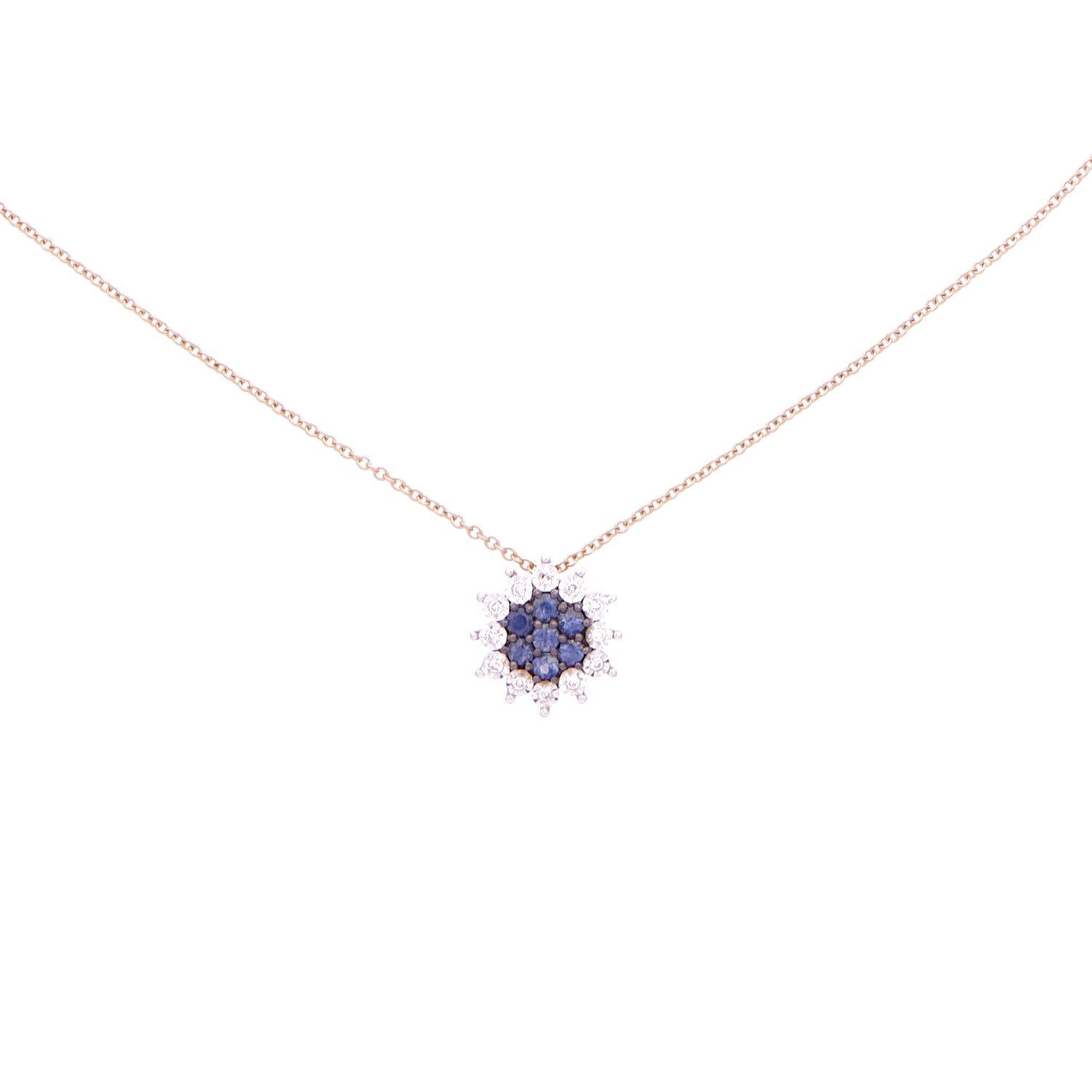 Geelgouden collier met blauwe saffier en diamant