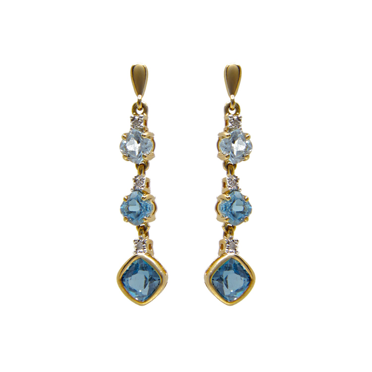 Geelgouden oorhangers met blauwe topaas.