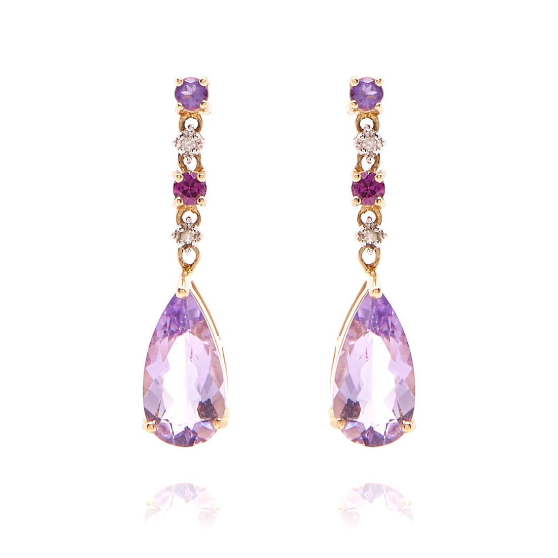 Geelgouden oorhangers met amethist en rhodoliet