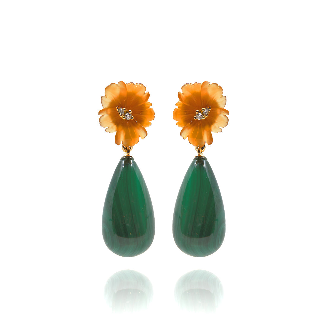 Yellow gold ear jewelry with chalcedony and malachite
