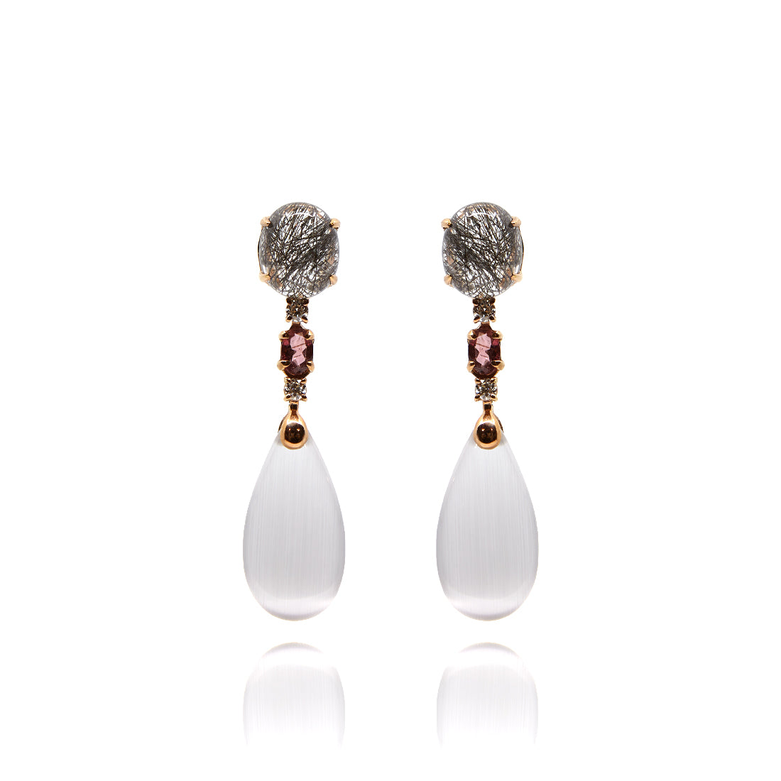Rose gold earrings with rose quartz, tourmaline, rutilated quartz and diamond