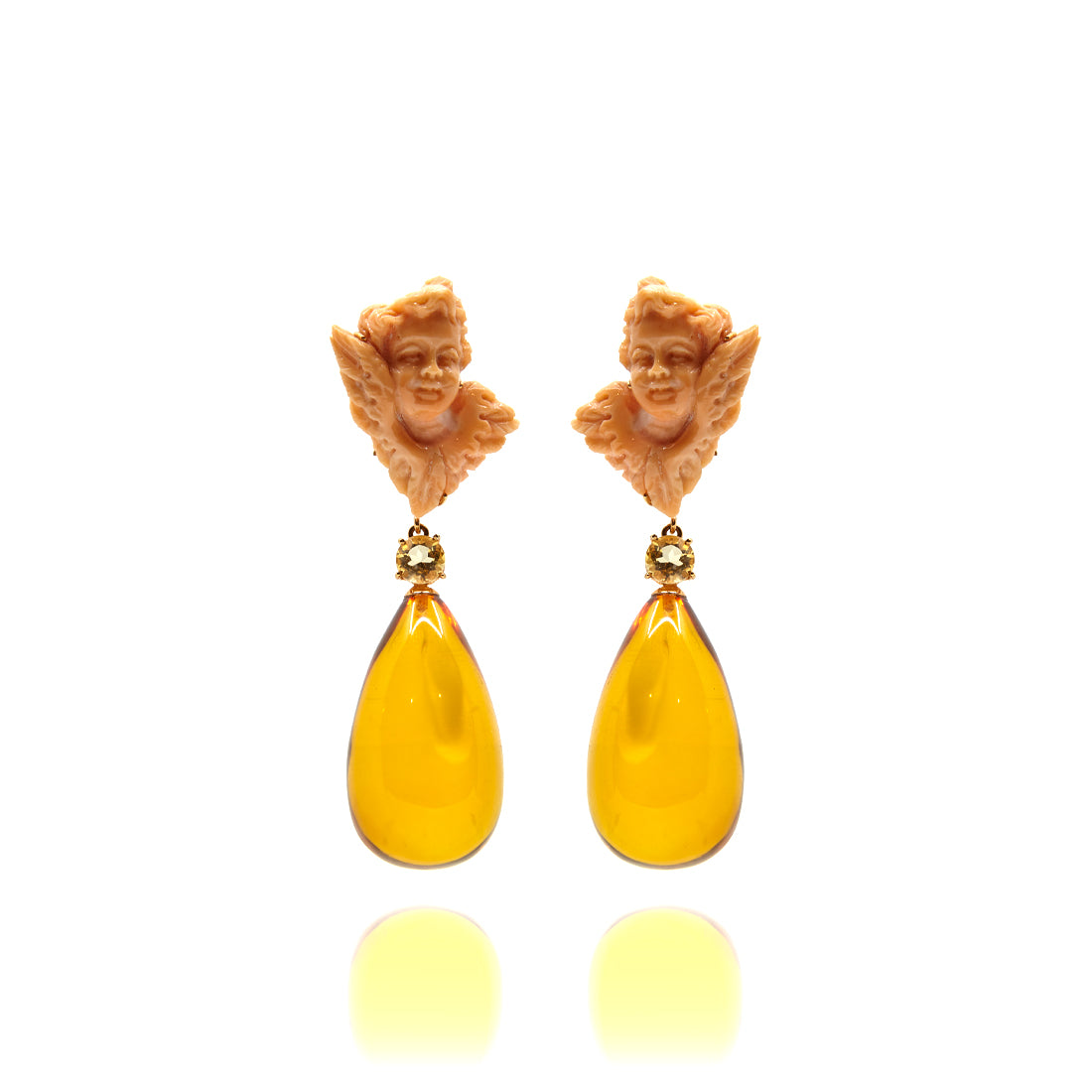 yellow gold ear jewelry with coral, citrine and amber