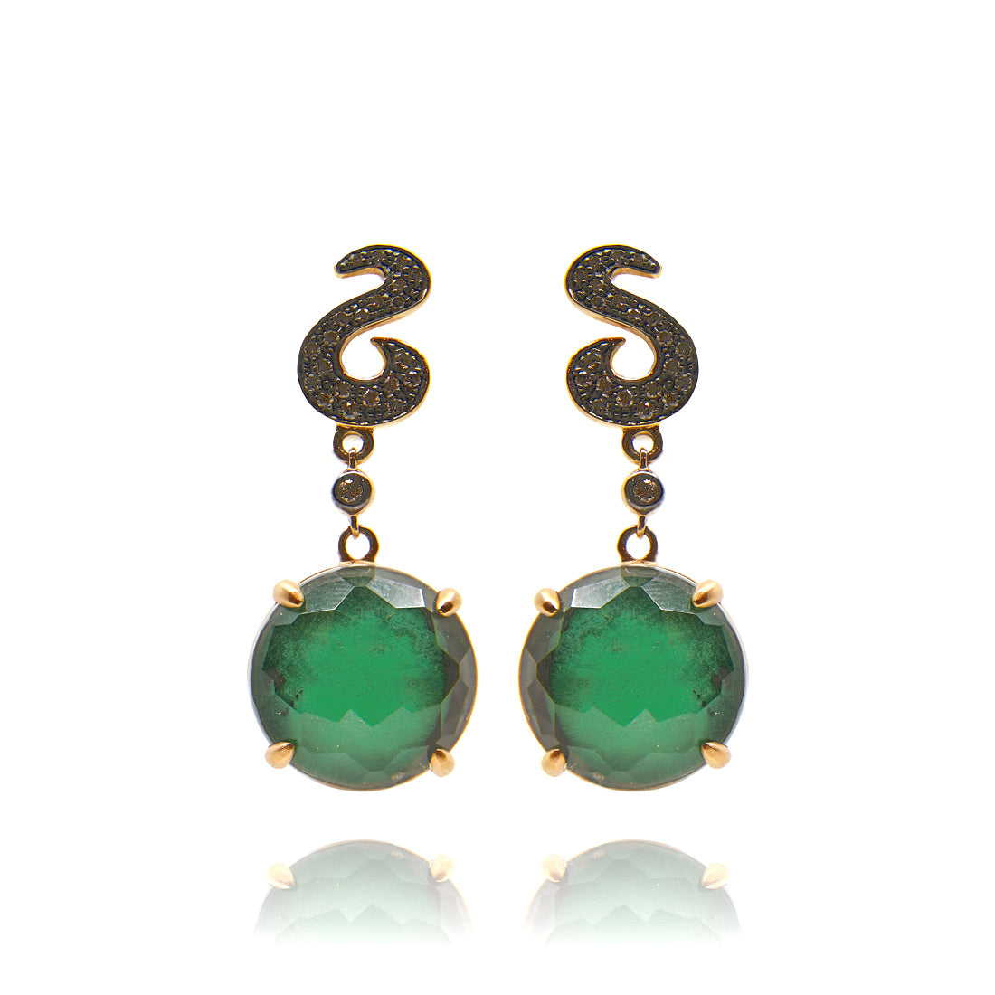 Rose gold earrings with diamond, malachite and rock crystal