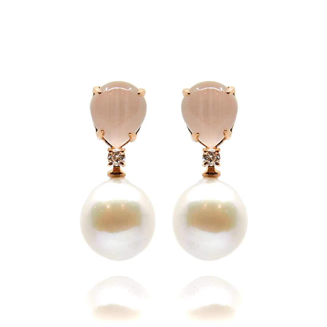Rose gold pearl earrings with rose quartz