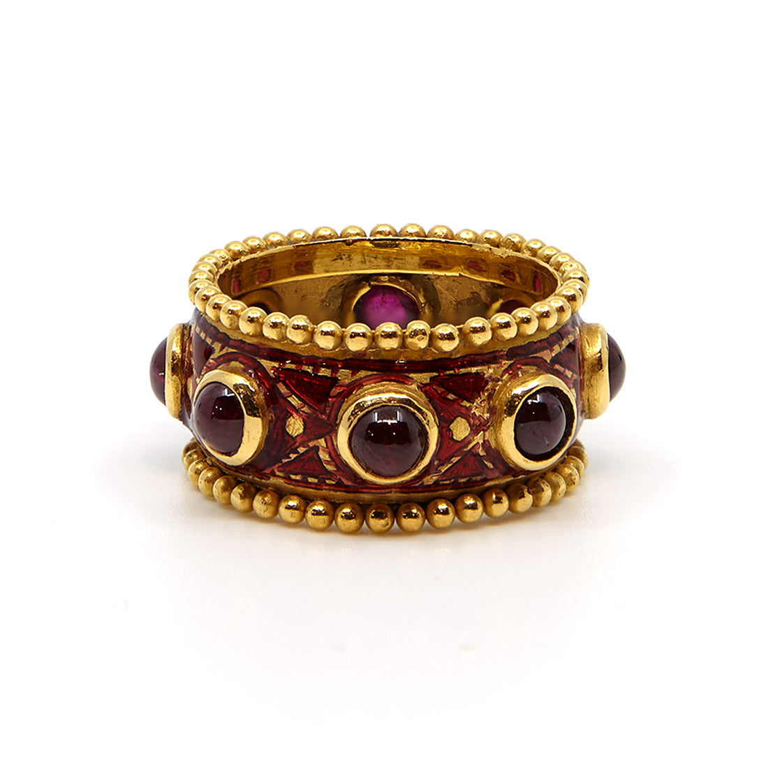 Geelgouden ring met robijn en rode emaille