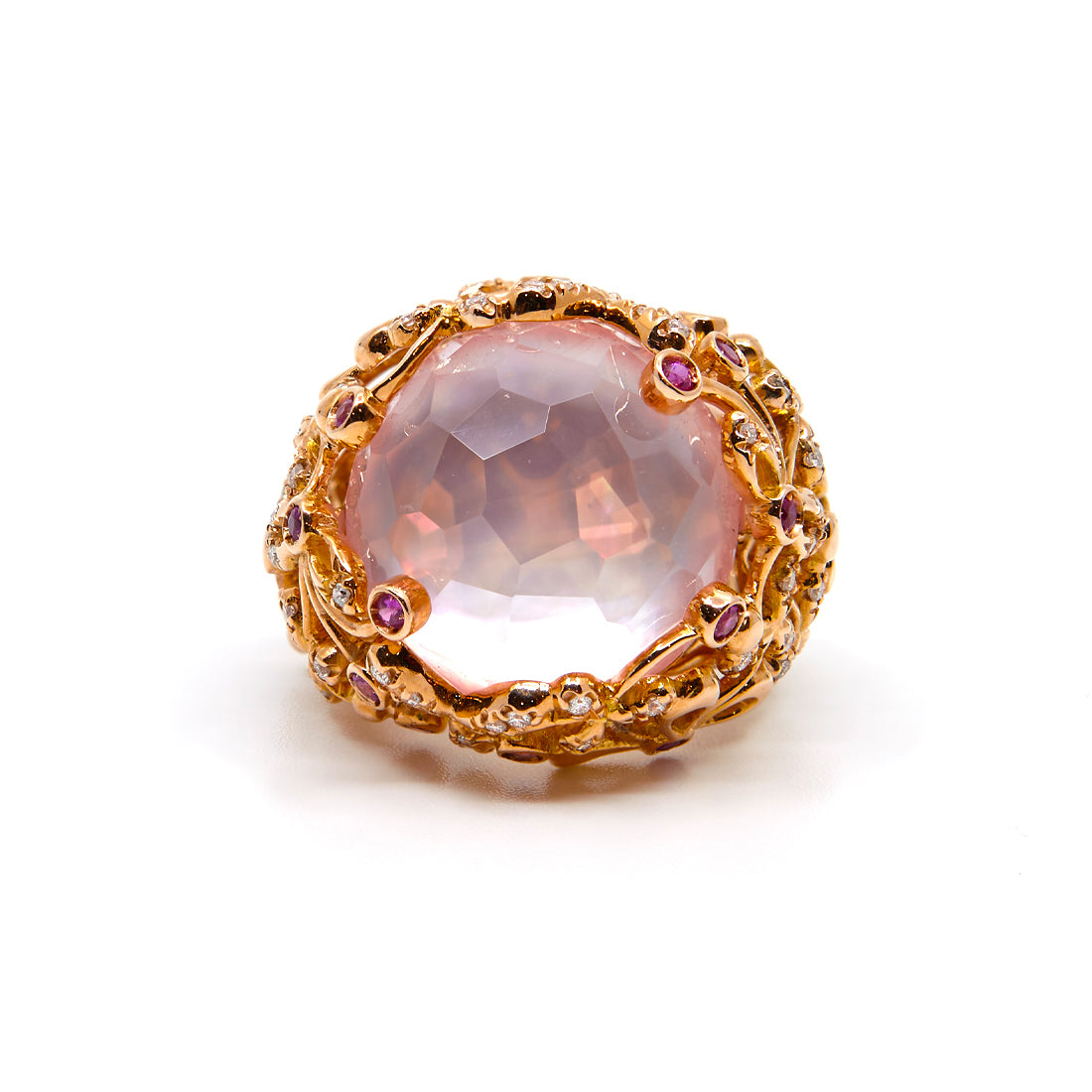 Rose gold ring with ruby, diamond, mother of pearl and rose quartz