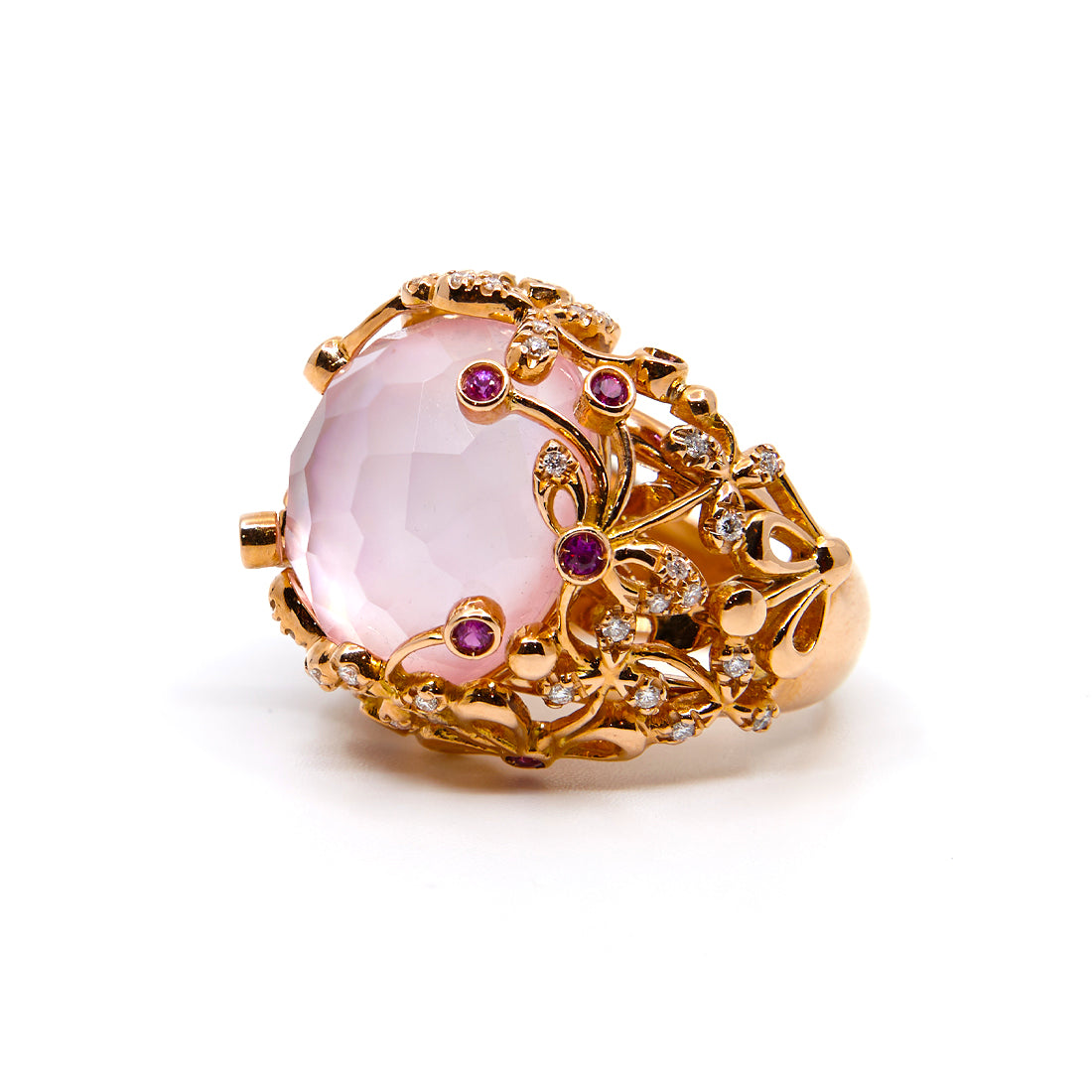 Rose gold ring with ruby, diamond, mother of pearl and rose quartz