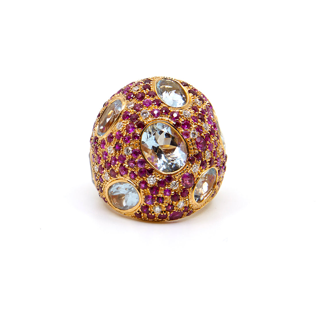 Rose gold ring with aquamarine, ruby, pink sapphire and diamond