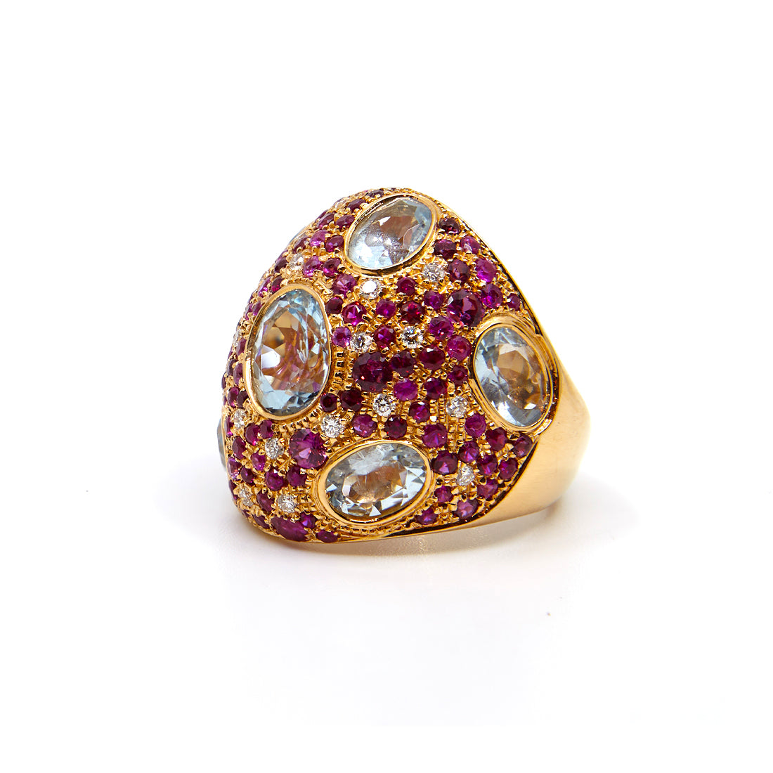 Rose gold ring with aquamarine, ruby, pink sapphire and diamond