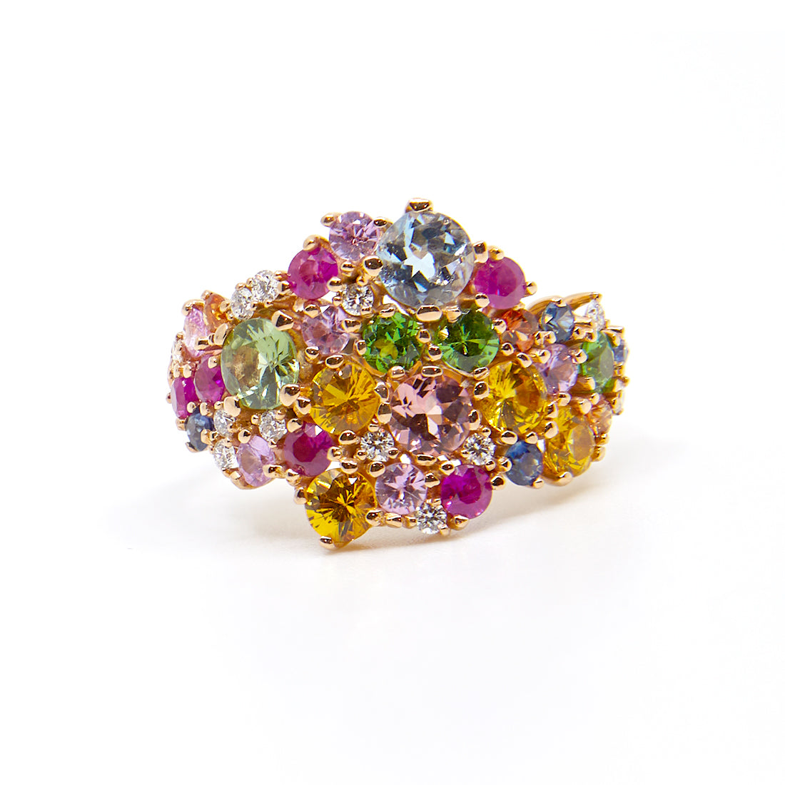Rose gold ring with aquamarine, tsavorite, sapphire and diamond