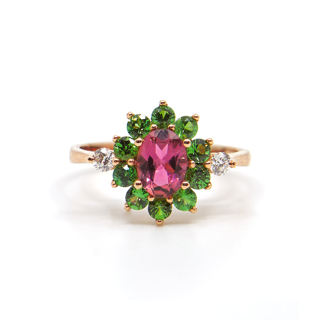 Rose gold ring with rubelite, tsavorite and diamond
