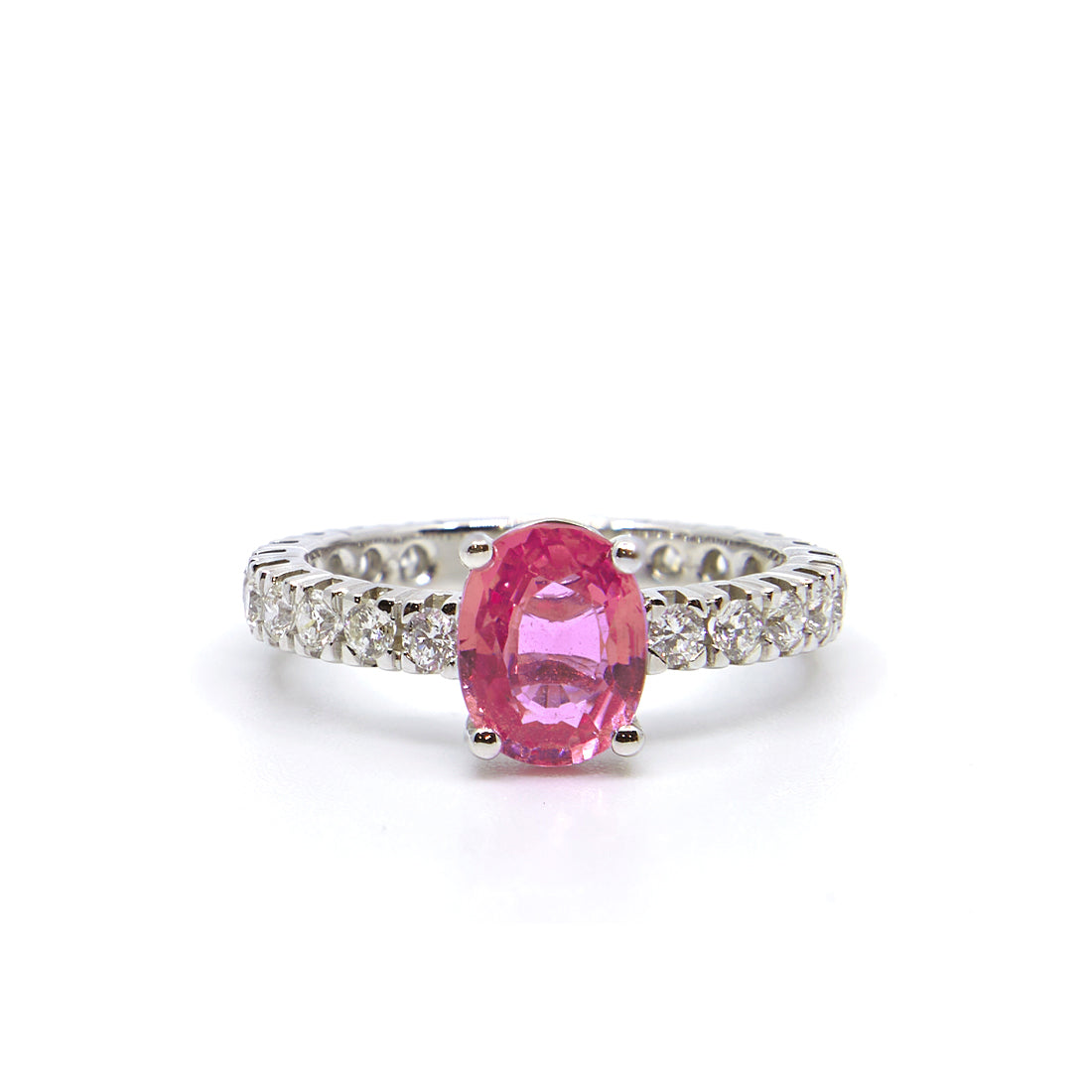 Weißgoldring mit rosa Saphir und Diamant