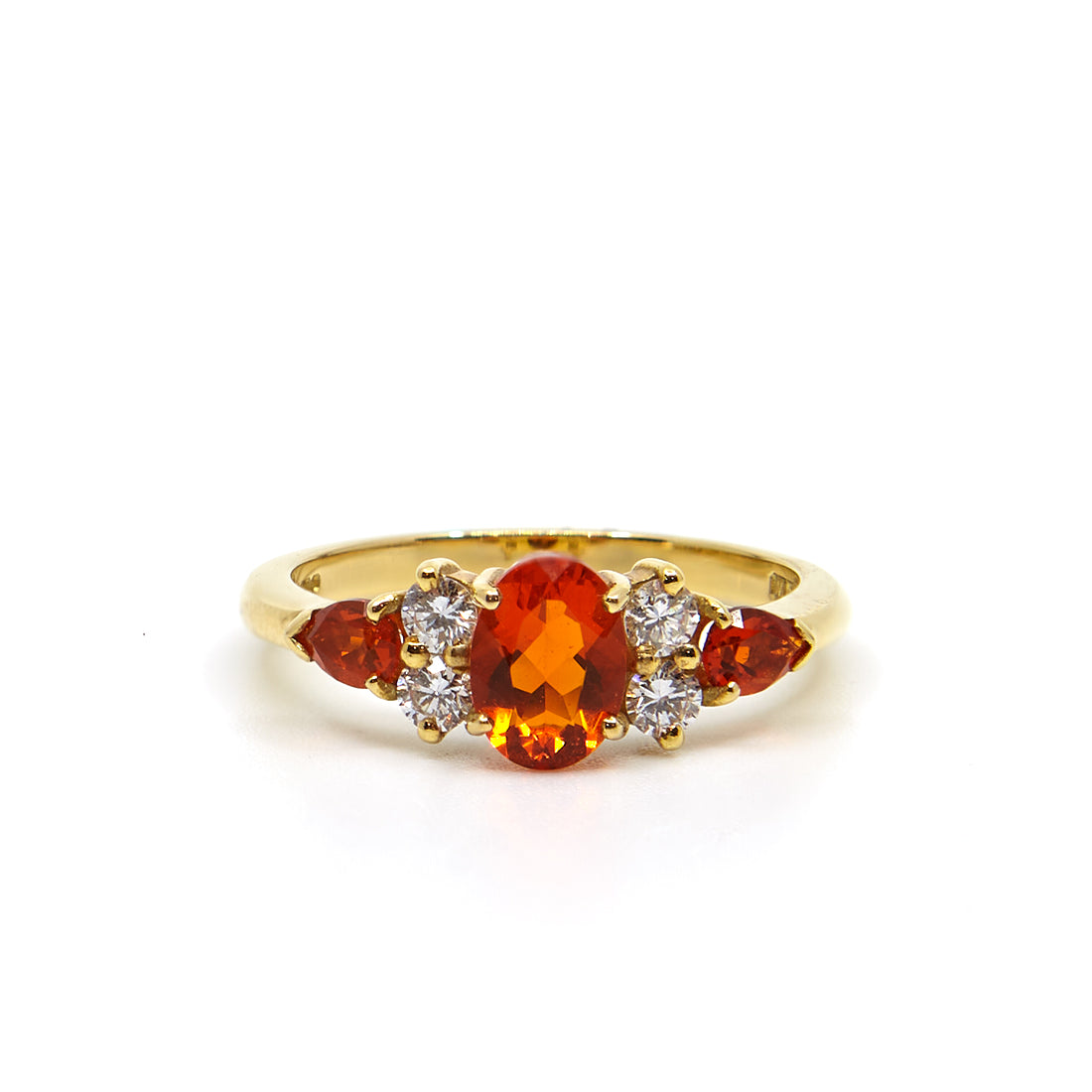 Yellow gold ring with fire opals and diamonds