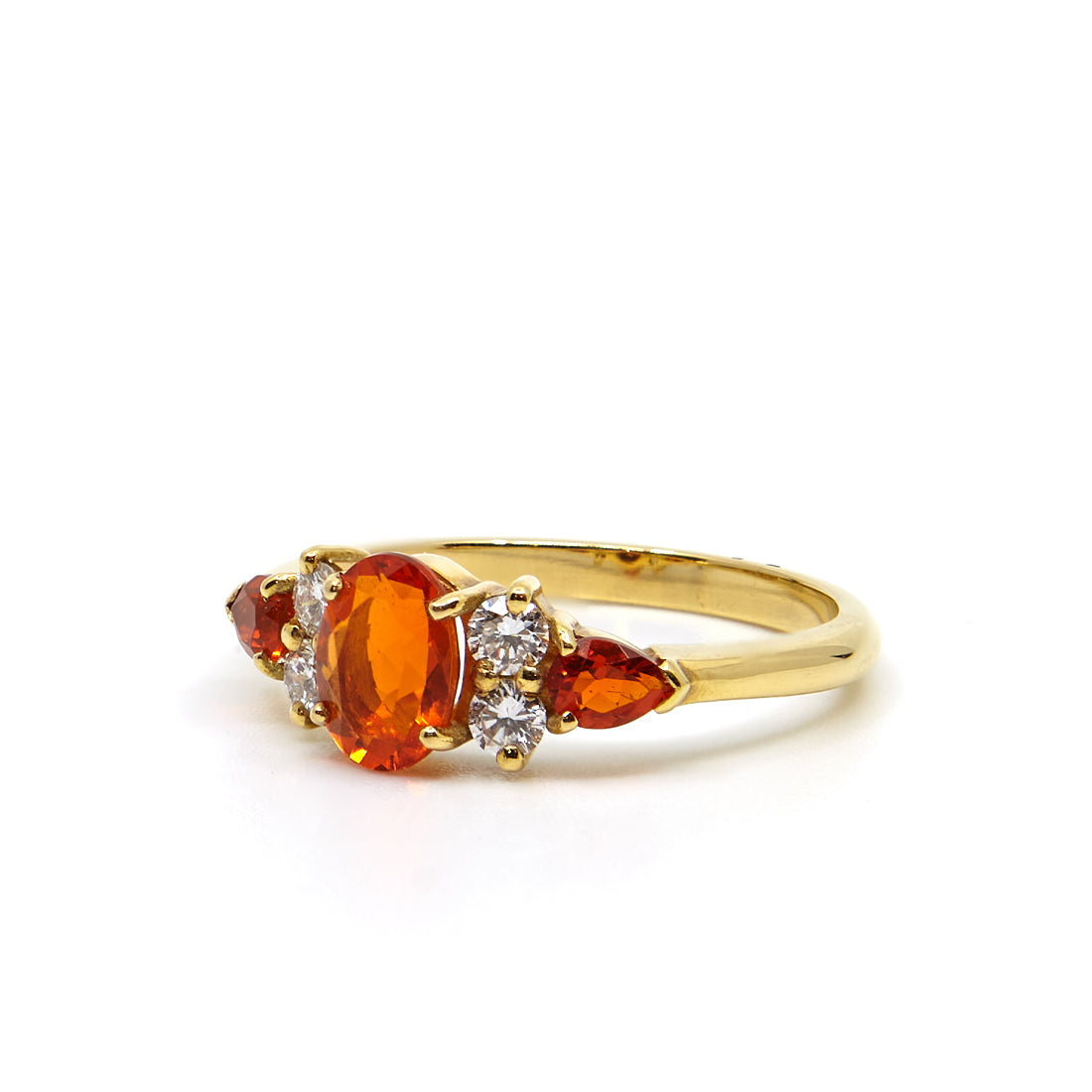 Yellow gold ring with fire opals and diamonds