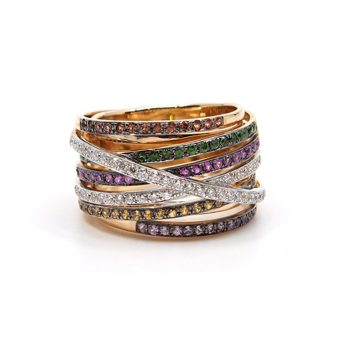 Roségoldring mit Diamant, Saphir und Tsavorit „Serenata“