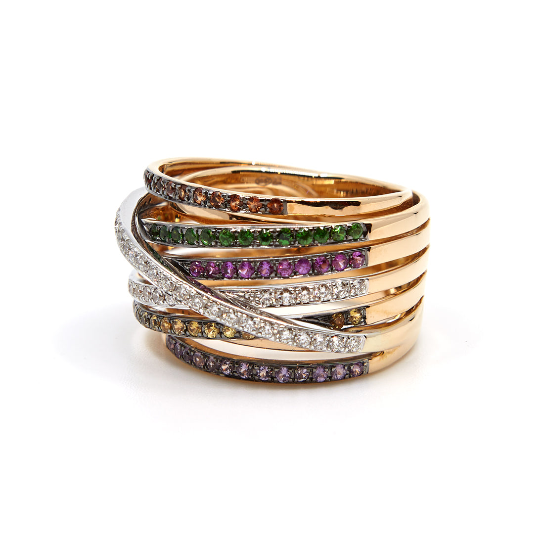 Roségoldring mit Diamant, Saphir und Tsavorit „Serenata“