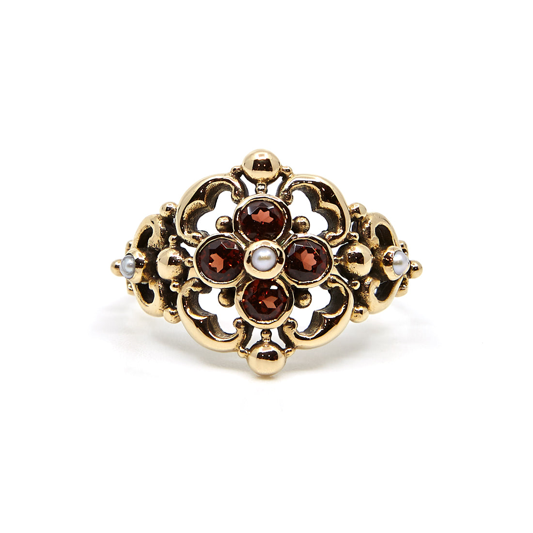 Gelbgoldring mit Granat und Saatperlen