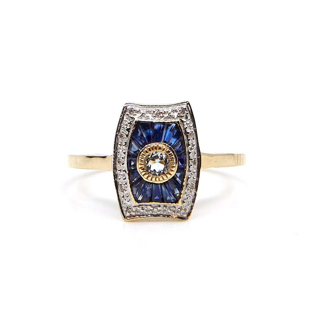 Gelbgoldring mit blauem Saphir und Diamant