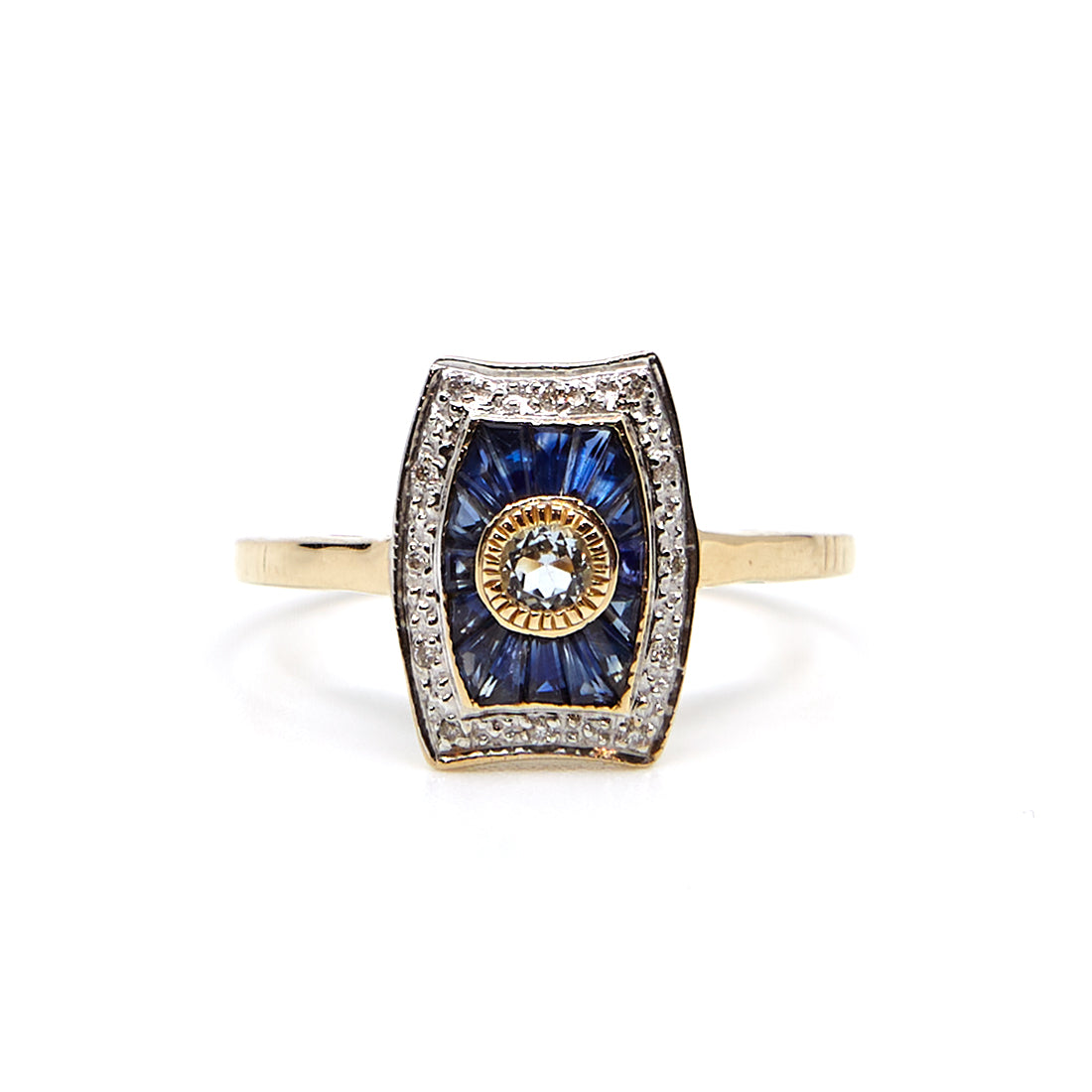 Geelgouden ring met blauwe saffier en diamant