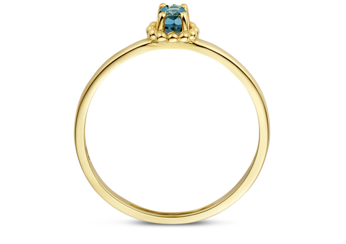 Geelgouden Blush ring met london blue topaas