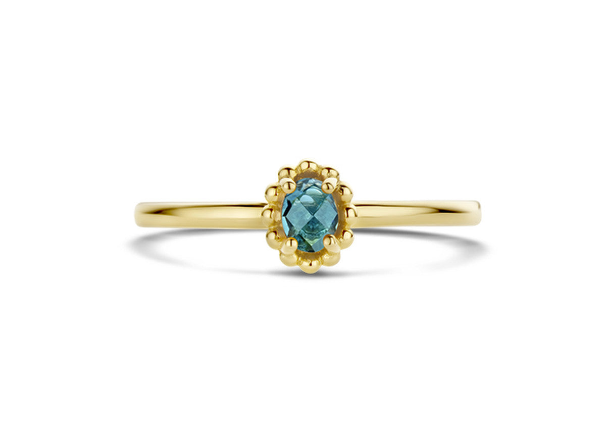 Geelgouden Blush ring met london blue topaas