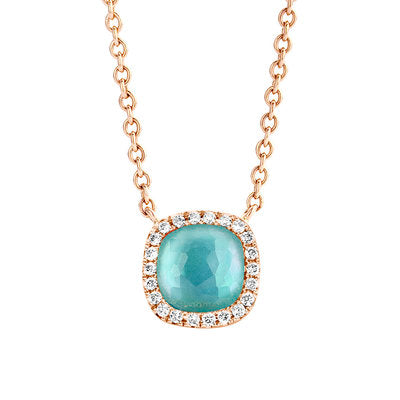 Rose gold necklace with diamond, topaz, mother of pearl and rhinestone. 